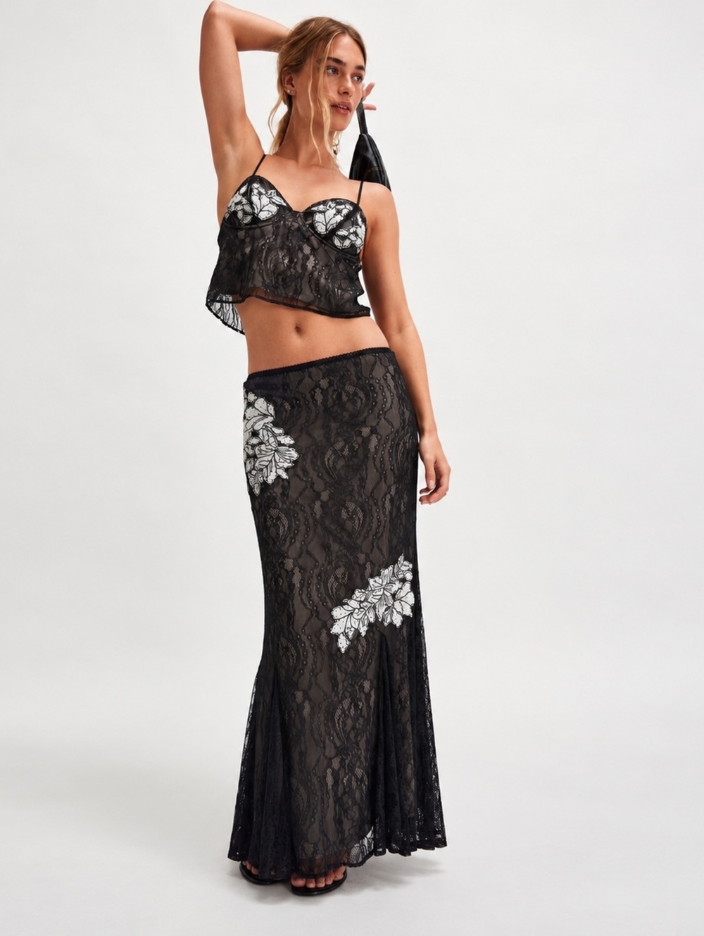 Free People Bali Meet Me At Midnight Black Lace Floral Maxi Skirt Set M NWT